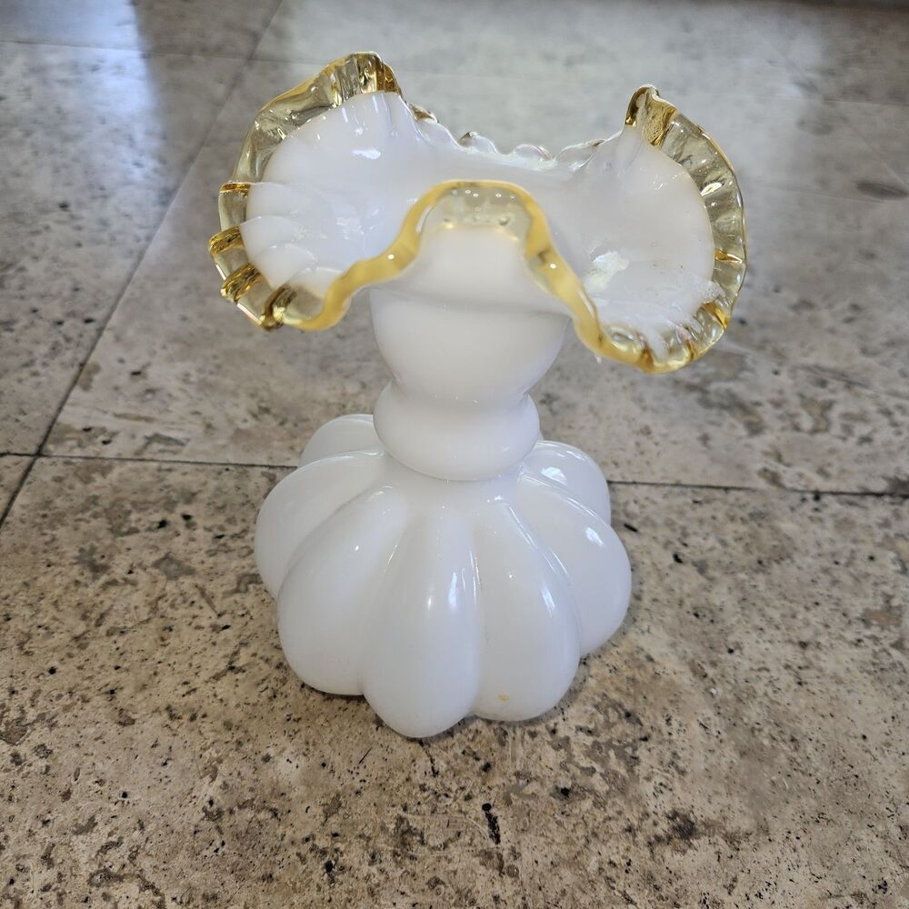 Vintage Fenton Art Glass Gold Crest Ruffled Milk Glass